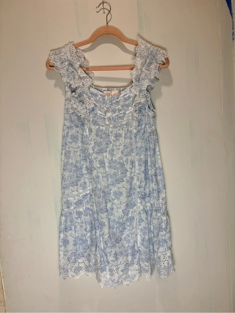 Rachel Ashwell Shabby Chic Blue & White Toile Cotton Ruffle Eyelet Nightgown L